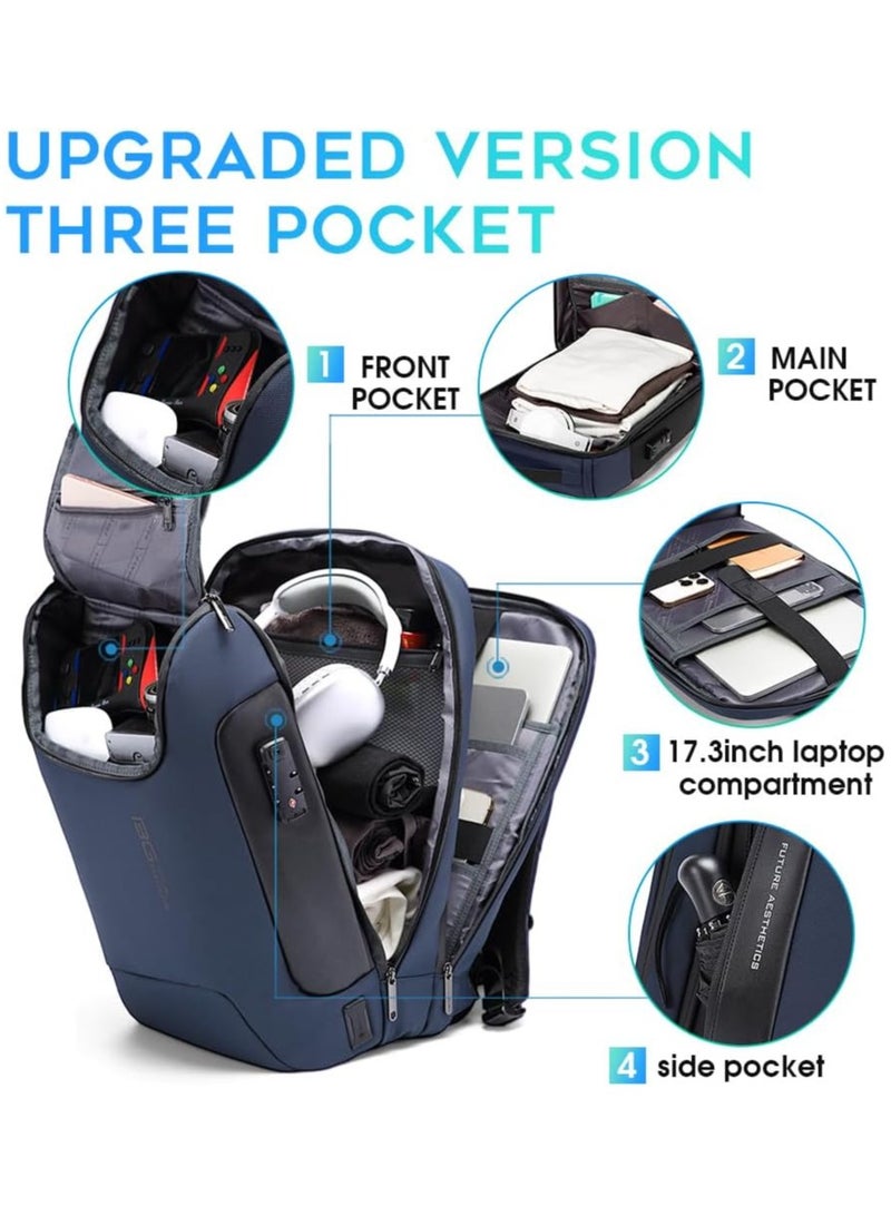 BANGE Anti Theft Backpack with USB charging Port,Lightweight Business Backpack for Men and Women   Blue(3 pocket for travel) - Image 2