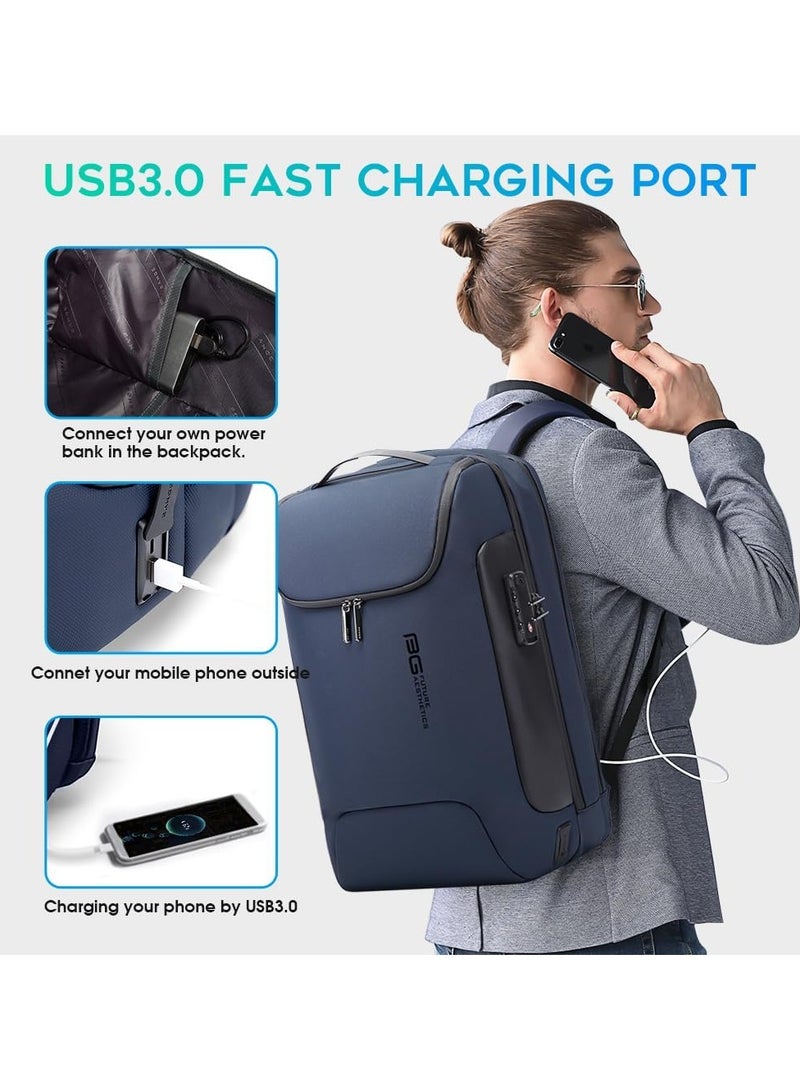 BANGE Anti Theft Backpack with USB charging Port,Lightweight Business Backpack for Men and Women   Blue(3 pocket for travel) - Image 5