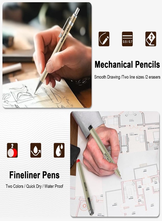 نيكبرو مجموعة أدوات هندسية من نيكبرو مكونة من 15 قطعة، تشمل فرجارًا ومنقلة وأدوات رسم وتصميم احترافية، بالإضافة إلى مسطرة معدنية ومثلثات وأقلام رصاص وممحاة، مناسبة للمهندسين المعماريين والمصممين والمهندسين، مع حقيبة متينة. - Image 4
