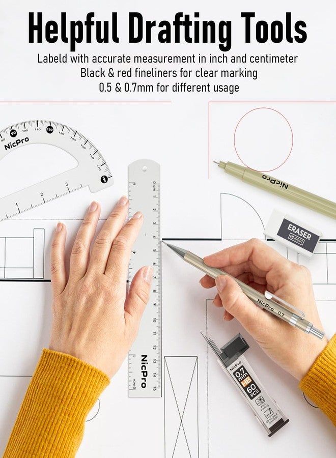 نيكبرو مجموعة أدوات هندسية من نيكبرو مكونة من 15 قطعة، تشمل فرجارًا ومنقلة وأدوات رسم وتصميم احترافية، بالإضافة إلى مسطرة معدنية ومثلثات وأقلام رصاص وممحاة، مناسبة للمهندسين المعماريين والمصممين والمهندسين، مع حقيبة متينة. - Image 5