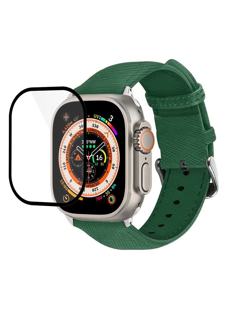 2 Packs For Apple Watch Band 49mm Leather Band Buckle Strap Wristband and 3D Screen Protector Sea Green