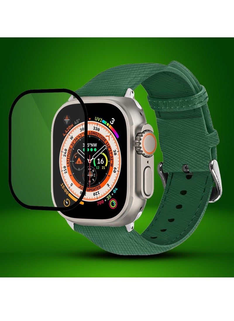 2 Packs For Apple Watch Band 49mm Leather Band Buckle Strap Wristband and 3D Screen Protector Sea Green