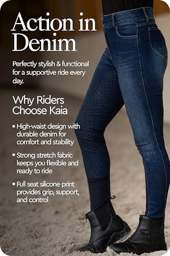HORZE Kaia Womens Denim Horse Riding Pants | High Waist Silicone Full Seat Breeches - Dark Blue - 26 - Image 4