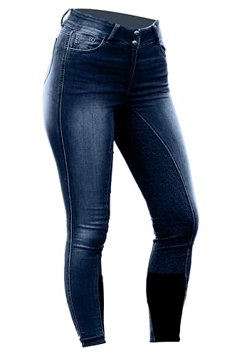 HORZE Kaia Womens Denim Horse Riding Pants | High Waist Silicone Full Seat Breeches - Dark Blue - 26 - Image 1
