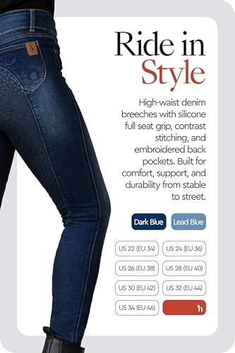 HORZE Kaia Womens Denim Horse Riding Pants | High Waist Silicone Full Seat Breeches - Dark Blue - 26 - Image 2