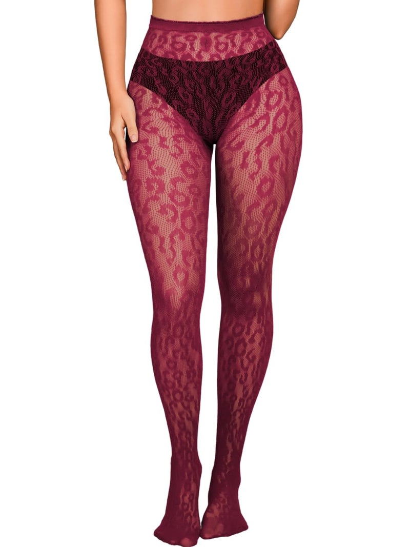 EHSUYAB Women Sexy Leopard Print Lace Tights, Cheetah Patterned Pantyhose Leggings, Sheer Fishnet Stockings Club Rave Outfits Burgundy One Size - Image 1