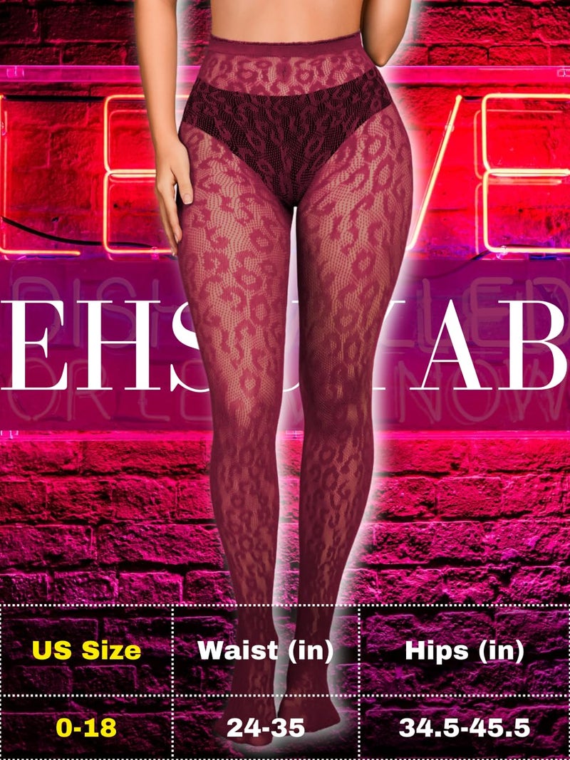 EHSUYAB Women Sexy Leopard Print Lace Tights, Cheetah Patterned Pantyhose Leggings, Sheer Fishnet Stockings Club Rave Outfits Burgundy One Size - Image 5