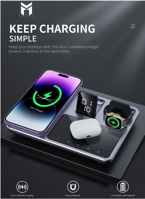 4-in-1 wireless charging magsafe 15W support fast charging and intelligent identification of devices Fast charging for three devices at the same time and a clock indicator Support all kinds of phones