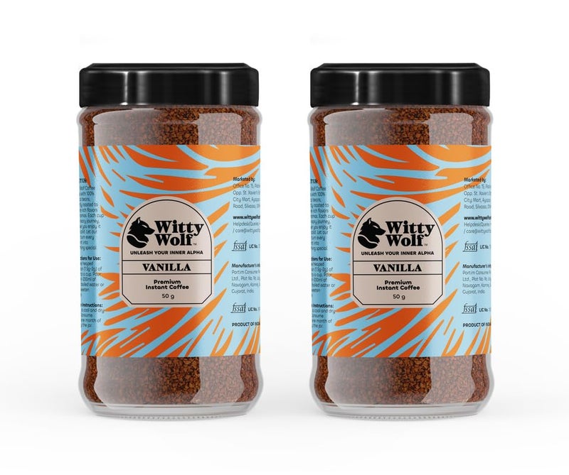Witty Wolf Premium Vanilla Instant Flavored Coffee Combo (50gm + 50gm) | Espresso, Latte & Cappuccino | Hot & Cold Coffee (Pack of 2) - Image 1