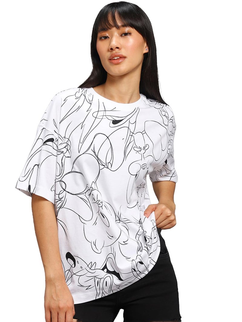 Bewakoof Women's All Over Printed 100% Cotton T-Shirt Oversized Fit,Round Neck, Half Sleeve_580370_White_L - Image 1