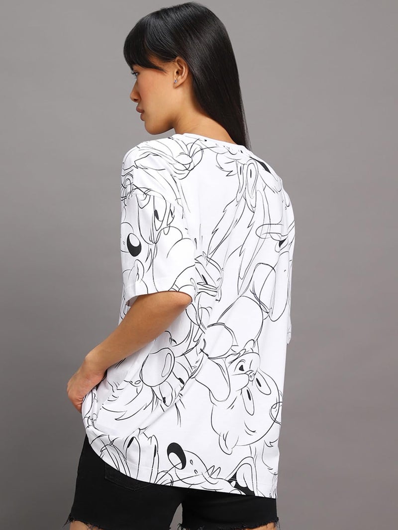 Bewakoof Women's All Over Printed 100% Cotton T-Shirt Oversized Fit,Round Neck, Half Sleeve_580370_White_L - Image 4