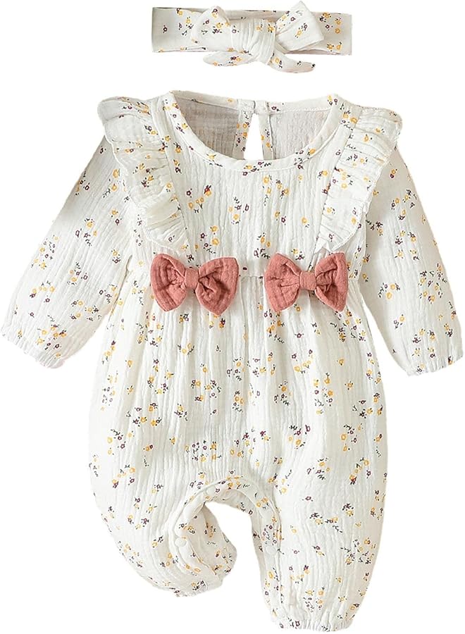 KASTWAVE Newborn Baby Girl Romper Cotton Long Sleeve Jumpsuit With Headband Newborn Coming Home Outfit For Baby 3 6 Months Girl - Image 1