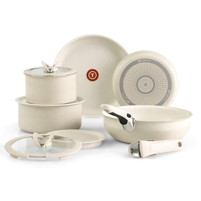 T-fal Ingenio Essentials Cookware Set with Detachable/Removable Handle 11 Piece, Granite Titanium Non Stick, Oven Broiler Safe 500F, Stackable, Pots and Pans Set, Frying Pans, Dishwasher Safe, Beige - Image 1