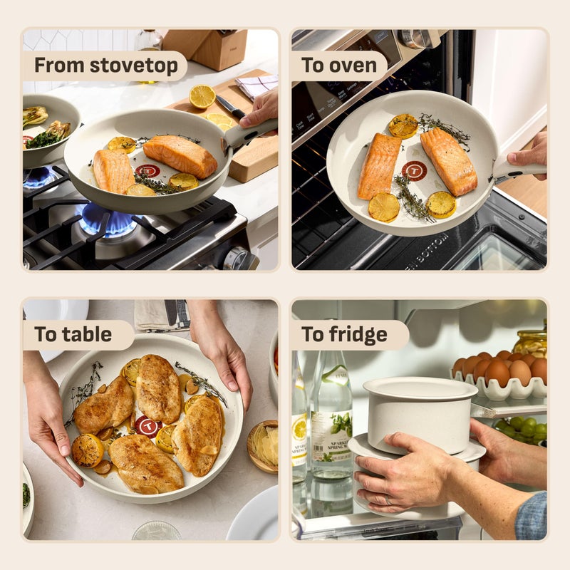 T-fal Ingenio Essentials Cookware Set with Detachable/Removable Handle 11 Piece, Granite Titanium Non Stick, Oven Broiler Safe 500F, Stackable, Pots and Pans Set, Frying Pans, Dishwasher Safe, Beige - Image 4