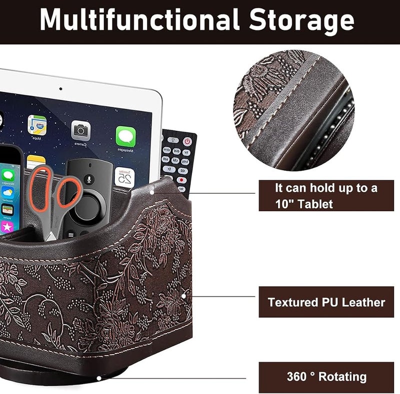 HASTHIP® 360° Rotating Desk Organizer, Brown Vintage PU Leather, Multi-Compartment Stand for Remote, Mail, Pens, TV Guide, Embossed Office Storage, 17.5x13.5x15.5cm - Image 3