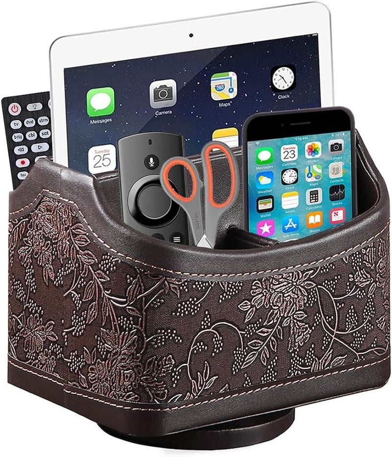 HASTHIP® 360° Rotating Desk Organizer, Brown Vintage PU Leather, Multi-Compartment Stand for Remote, Mail, Pens, TV Guide, Embossed Office Storage, 17.5x13.5x15.5cm - Image 1