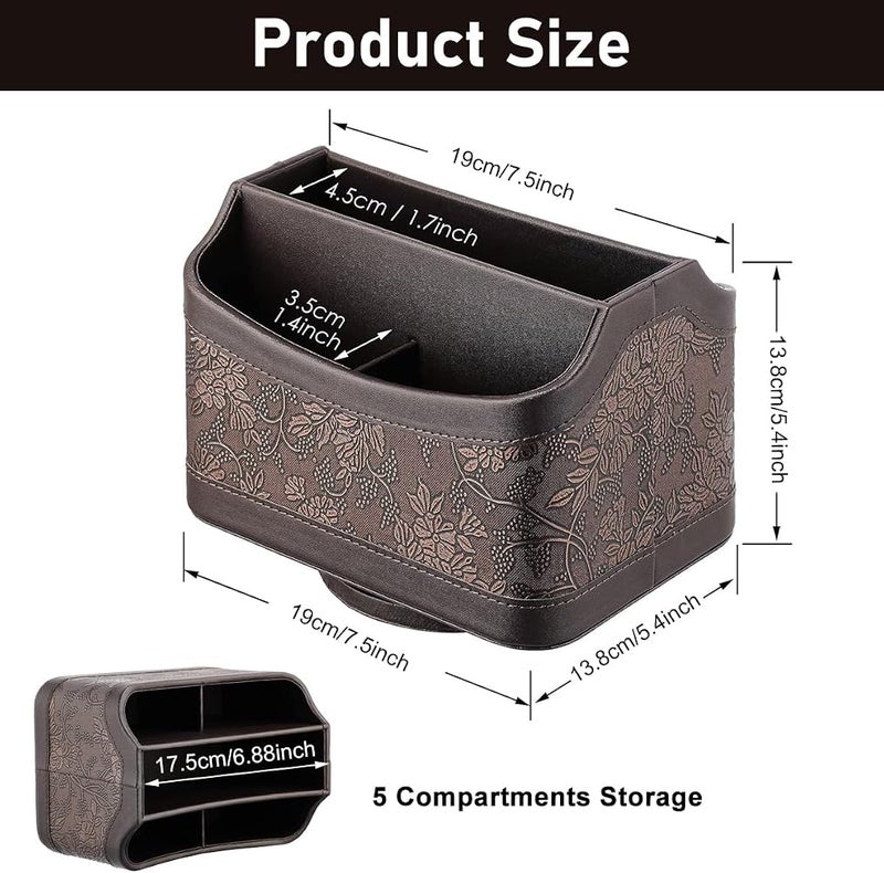 HASTHIP® 360° Rotating Desk Organizer, Brown Vintage PU Leather, Multi-Compartment Stand for Remote, Mail, Pens, TV Guide, Embossed Office Storage, 17.5x13.5x15.5cm - Image 2