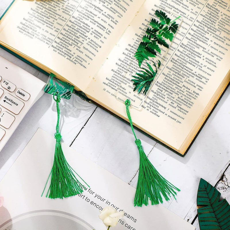 klarako 10 Pcs Bookmarks with Tassels Acrylic Bookmarks Resin Plant Bookmark with 10 Pieces Green Tassels Plant Reading Transparent Bookmark for Women Teacher Kids Book Lovers - Image 4