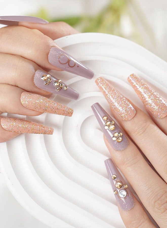 24 Press-On Nail Patches, With Nail Tool Kit, Lilac Nail Art, Fine Glitter And Diamonds, Trapezoidal Long Nail Patches, Temperament Model For Daily Use, Convenient Patches, Health And Safety - Image 1