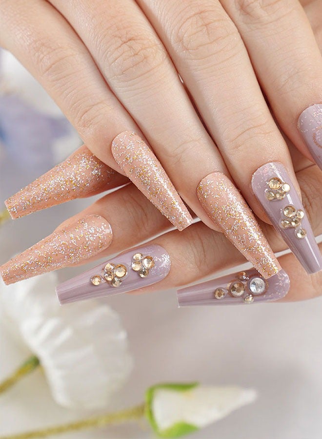 24 Press-On Nail Patches, With Nail Tool Kit, Lilac Nail Art, Fine Glitter And Diamonds, Trapezoidal Long Nail Patches, Temperament Model For Daily Use, Convenient Patches, Health And Safety - Image 2