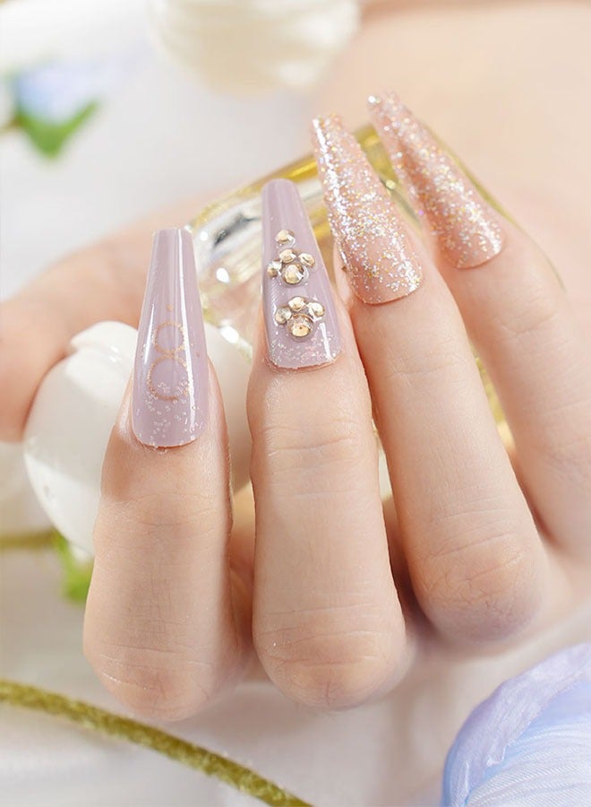 24 Press-On Nail Patches, With Nail Tool Kit, Lilac Nail Art, Fine Glitter And Diamonds, Trapezoidal Long Nail Patches, Temperament Model For Daily Use, Convenient Patches, Health And Safety - Image 3