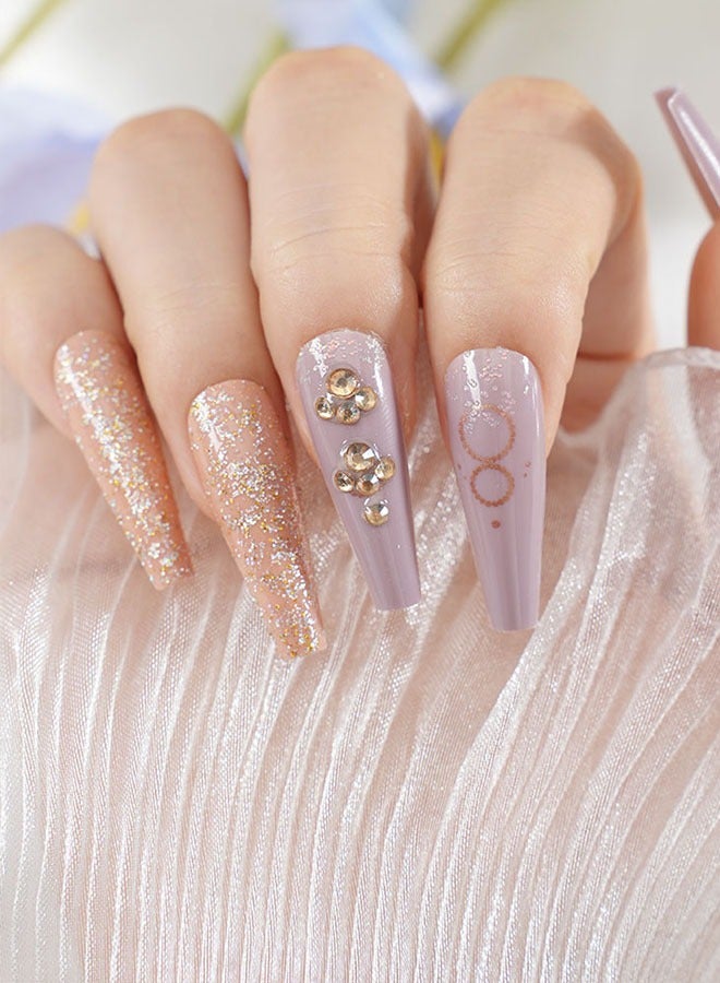 24 Press-On Nail Patches, With Nail Tool Kit, Lilac Nail Art, Fine Glitter And Diamonds, Trapezoidal Long Nail Patches, Temperament Model For Daily Use, Convenient Patches, Health And Safety - Image 4