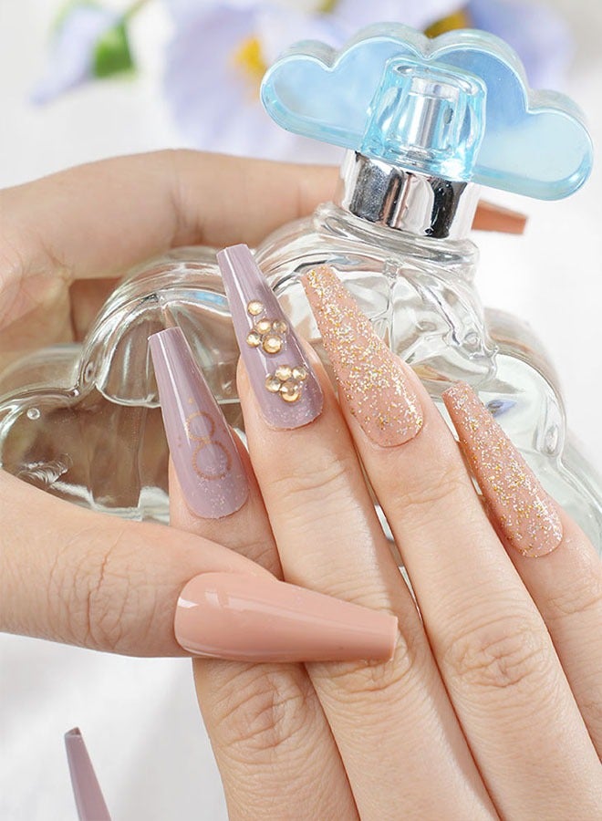 24 Press-On Nail Patches, With Nail Tool Kit, Lilac Nail Art, Fine Glitter And Diamonds, Trapezoidal Long Nail Patches, Temperament Model For Daily Use, Convenient Patches, Health And Safety - Image 5