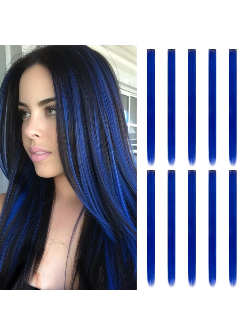 HH FASHION 20 Inch Colored Hair Extensions Party Highlights Straight Colorful Clip In Hair Extensions Synthetic Rainbow Hairpieces for Girls Kids Gift10Pcs Blue 