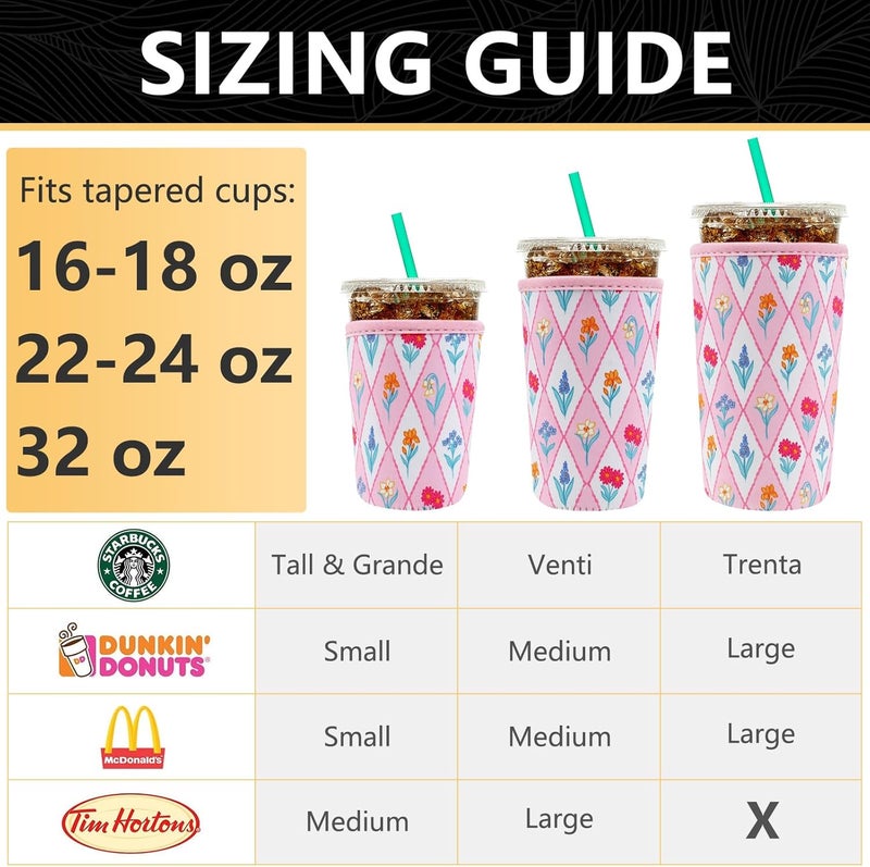 YR Reusable Neoprene Insulator Sleeve for Iced Coffee Cups, 3 Pack Coffee Coolies sleeves for Iced u0026 Hot Drinks, Cold Beverage Cooler Compatible with Starbucks Coffee and More (Diamond Flower) - Image 2