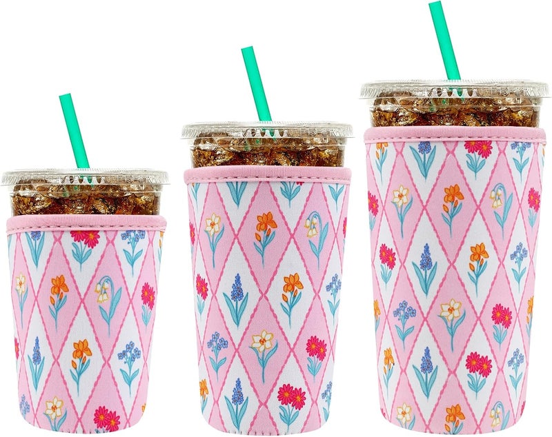YR Reusable Neoprene Insulator Sleeve for Iced Coffee Cups, 3 Pack Coffee Coolies sleeves for Iced u0026 Hot Drinks, Cold Beverage Cooler Compatible with Starbucks Coffee and More (Diamond Flower) - Image 1