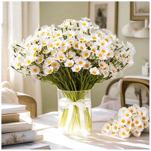 ALDMIO 18Pcs Artificial White Daisy Flowers, 3 Bundles 10 Inch Small Fake Daisies for Home Summer Decor, Fake Spring Wild Flowers for Party Decoration - Image 1