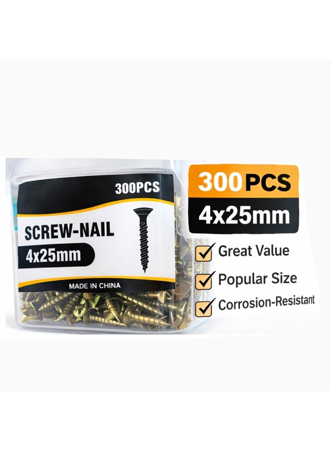 300PCS M4x25mm Flat Head Self Tapping Wood Screws – Yellow Zinc Self Drilling Woodworking Screws for Furniture, Carpentry and DIY Wood Fixing - Image 3