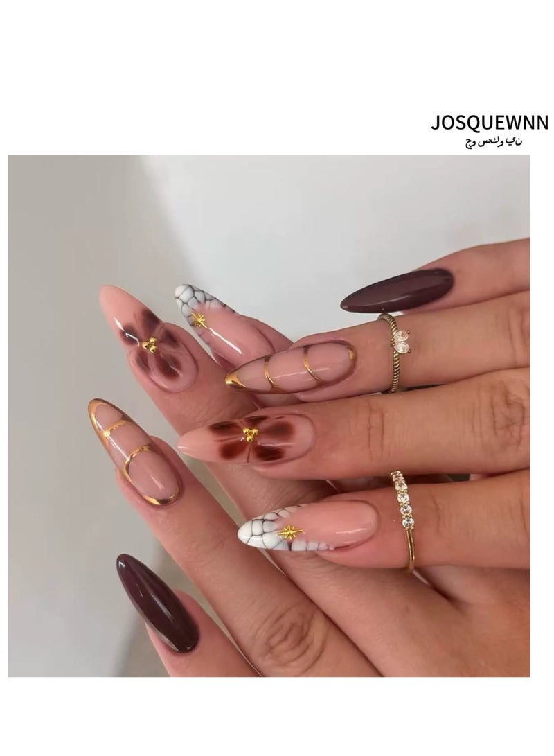 جوسكوين أظافر لاصقة جاهزة للاستخدام، 24 قطعة، شكل لوز متوسط وقصير، مجموعة من 24 قطعة فنية منعشة، أظافر صناعية قابلة لإعادة الاستخدام لفصل الربيع والصيف. مجموعة أظافر أكريليك مع لاصق. - Image 1