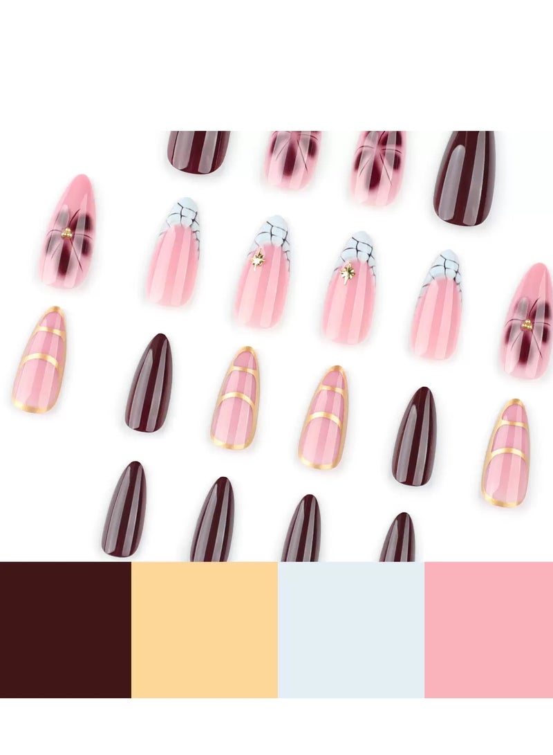 جوسكوين أظافر لاصقة جاهزة للاستخدام، 24 قطعة، شكل لوز متوسط وقصير، مجموعة من 24 قطعة فنية منعشة، أظافر صناعية قابلة لإعادة الاستخدام لفصل الربيع والصيف. مجموعة أظافر أكريليك مع لاصق. - Image 2