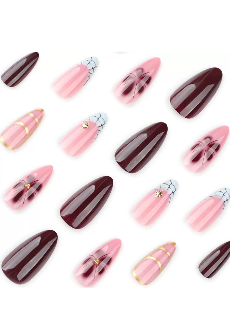 جوسكوين أظافر لاصقة جاهزة للاستخدام، 24 قطعة، شكل لوز متوسط وقصير، مجموعة من 24 قطعة فنية منعشة، أظافر صناعية قابلة لإعادة الاستخدام لفصل الربيع والصيف. مجموعة أظافر أكريليك مع لاصق. - Image 3