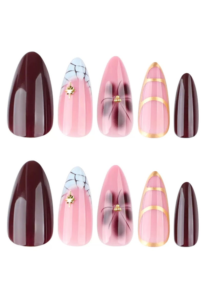 جوسكوين أظافر لاصقة جاهزة للاستخدام، 24 قطعة، شكل لوز متوسط وقصير، مجموعة من 24 قطعة فنية منعشة، أظافر صناعية قابلة لإعادة الاستخدام لفصل الربيع والصيف. مجموعة أظافر أكريليك مع لاصق. - Image 5