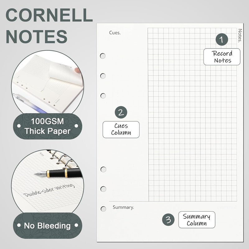 Toplive Cornell A5 Filler Paper, A5 Refill Papers 6 Ring Cornell Notes Loose Leaf Papers, 160 Sheets Refillable Inserts Paper Notes Taking System for Office School College Study - Image 2