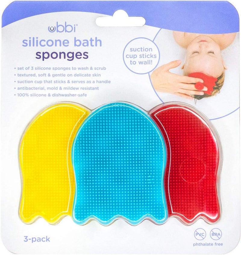 Ubbi Silicone Baby Bath Sponges, Set of 3 Jellyfish Shaped, Suction Cup Handle, Soft on Baby Skin, Cradle Cap, Blue, Red, Yellow, Ages 0+ - Image 1