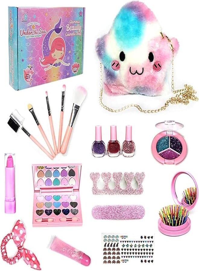 Taimi Taimi 19 Pcs Girls Makeup Kit, Princess Dress up Makeup Set with Cute Cosmetic Makeup Bag, Pretend Play Makeup Beauty Toys for Little Girls Birthday Gifts Easy to Remove 