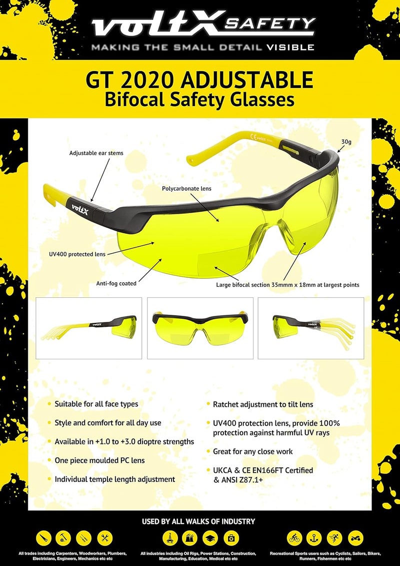 voltX GT ADJUSTABLE Bifocal Reading Safety Glasses YELLOW Lens 15 UKCA CE EN166FT Certified Anti fog coated UV400 Lens Scratch resistant Tilt and length adjustable earstems - Image 3