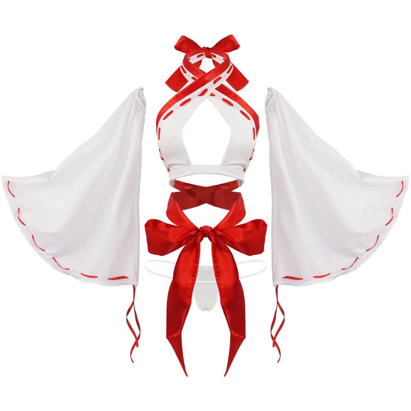 paloli Women Japanese Anime Miko Cosplay Outfit, Red And White Kimono Bra And Panty Set Witch Cosplay Costume - Image 1