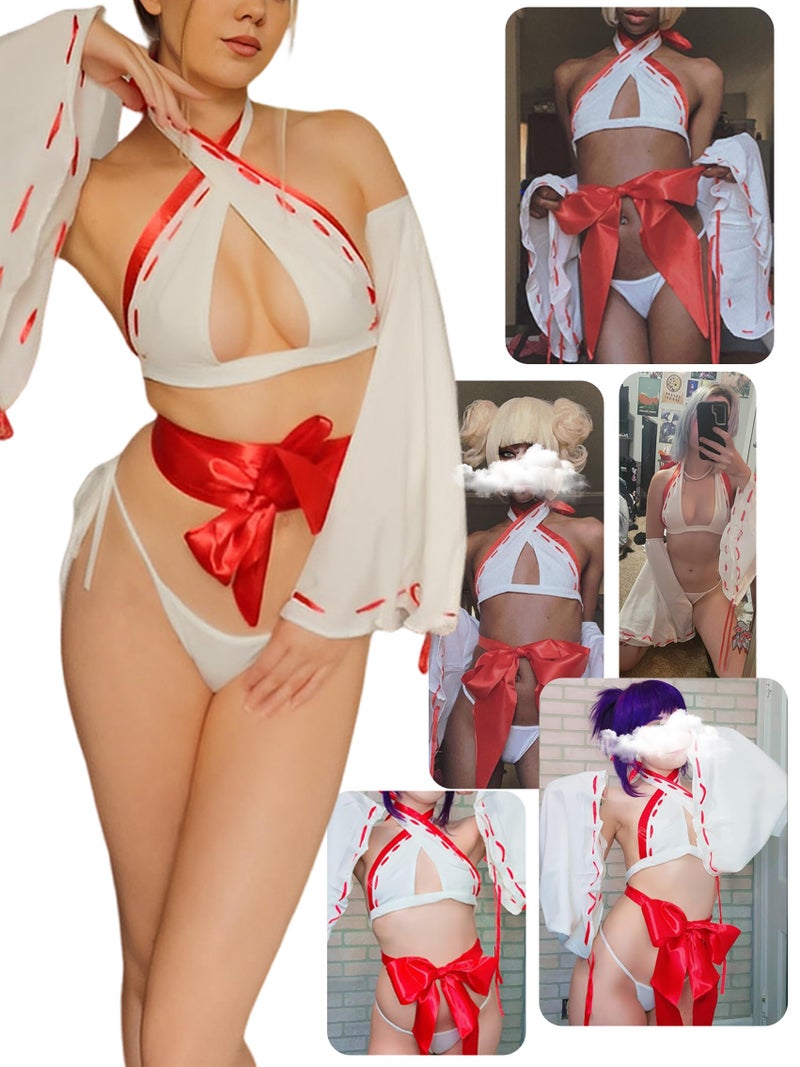 paloli Women Japanese Anime Miko Cosplay Outfit, Red And White Kimono Bra And Panty Set Witch Cosplay Costume - Image 2