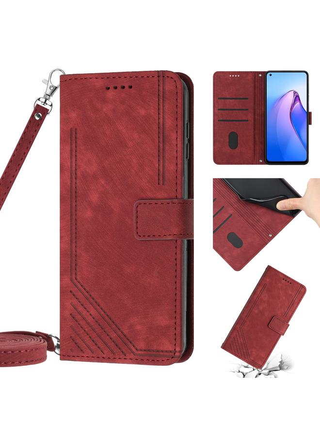 S-TOP Case For OPPO Reno8 5G Skin Feel Stripe Pattern Leather Phone Case with Lanyard - Image 1