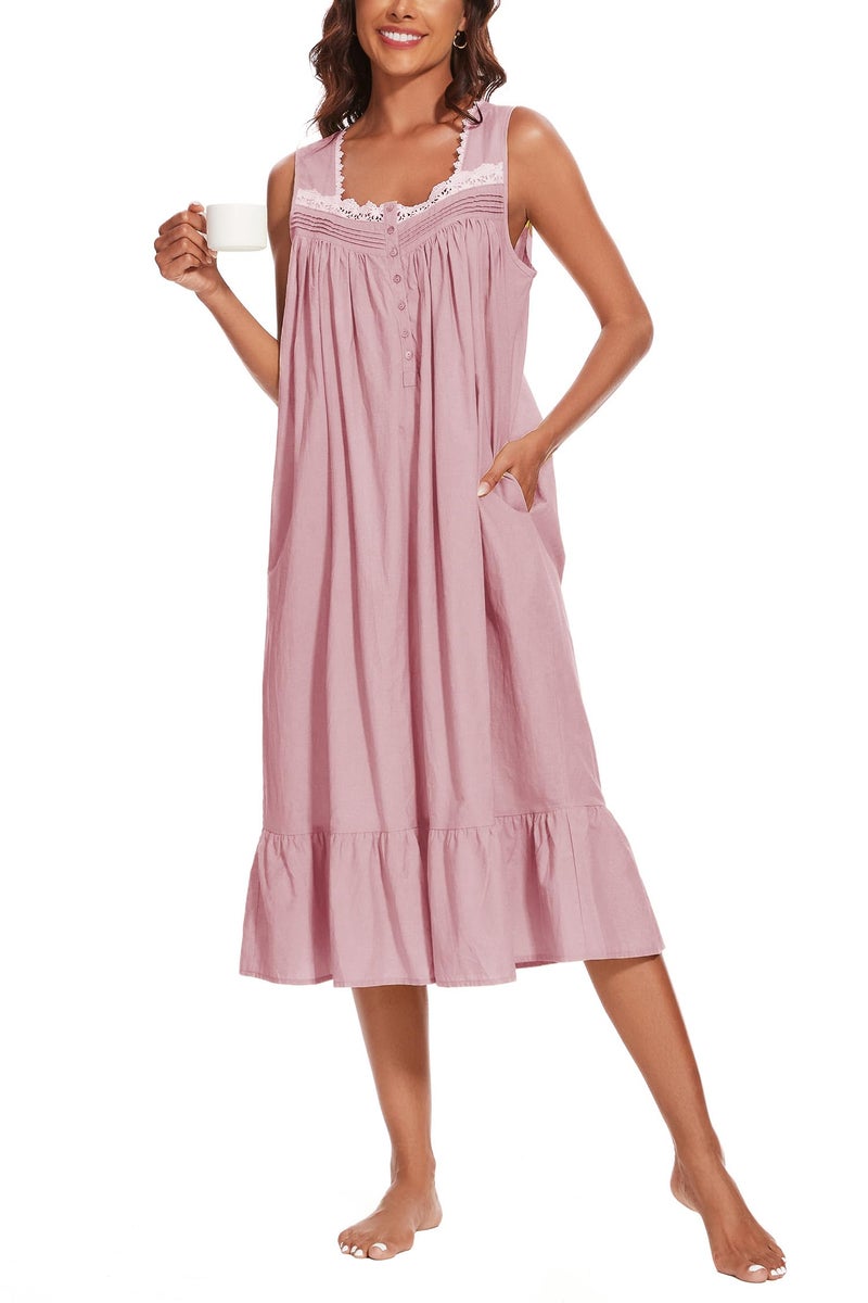 AVIIER 100% Cotton Nightgowns for Women Sleeveless Sleep Dress Ladies Gowns Sleepwear with Pockets (Light Purple, Small) - Image 5