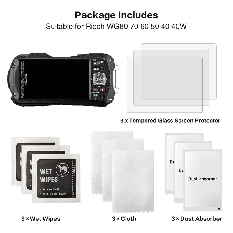 Rieibi (3 Packs) Screen Protector for Ricoh WG-80 WG-70 WG-60 WG-50 WG-40 WG-40W Digital Camera, 0.33mm 9H Hardness Tempered Glass Film for Ricoh WG80 Anti-Fingerprint Anti-Scratch Ultra-Clear, - Image 2