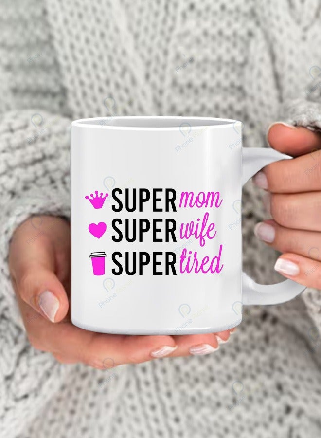 Phone Planet A tea and coffee mug with a distinctive Super Mama print with a comfortable multicolored handle