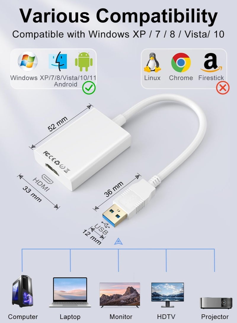 USB 3.0 to HDMI Adapter, HD 1080P Video Graphics Audio Multi-Screen USB 3.0/2.0 to HDMI Mirroring/Expansion Adapter Cable for PC/HDTV/Projector, Compatible with Windows XP/7/8/8.1/10/11/Android - Image 2