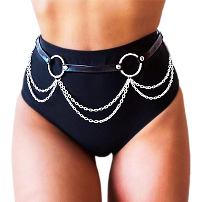 REETAN Rave Waist Chain Belt Punk Black Leather Body Accessories for Women - Image 1