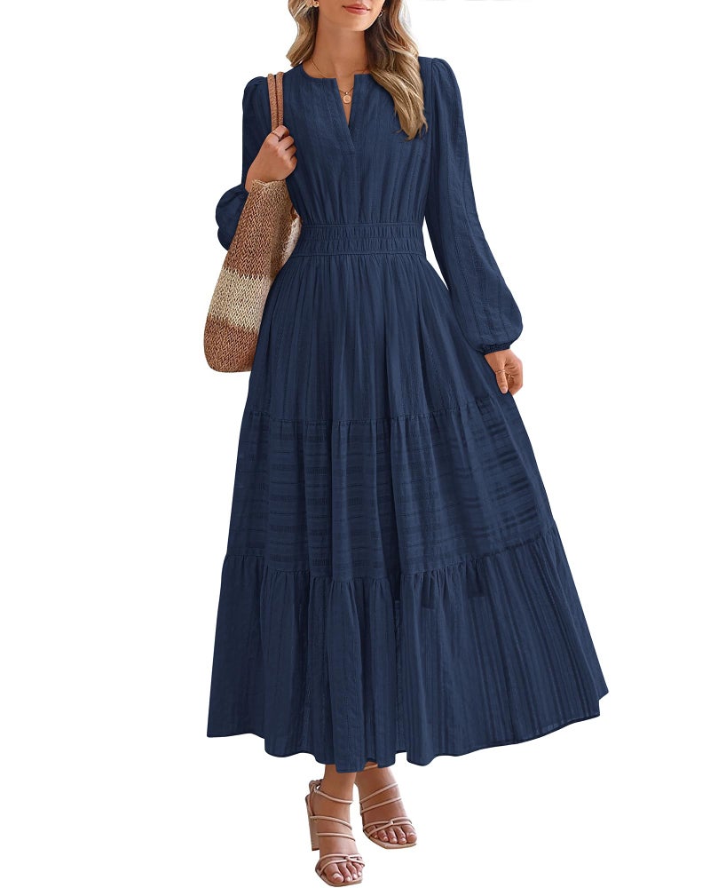 BTFBM Spring Dresses for Women 2026 Casual Long Sleeve V Neck Elastic Waist Lightweight Maxi Wedding Guest Dress Pockets(Navy, X-Large) - Image 1