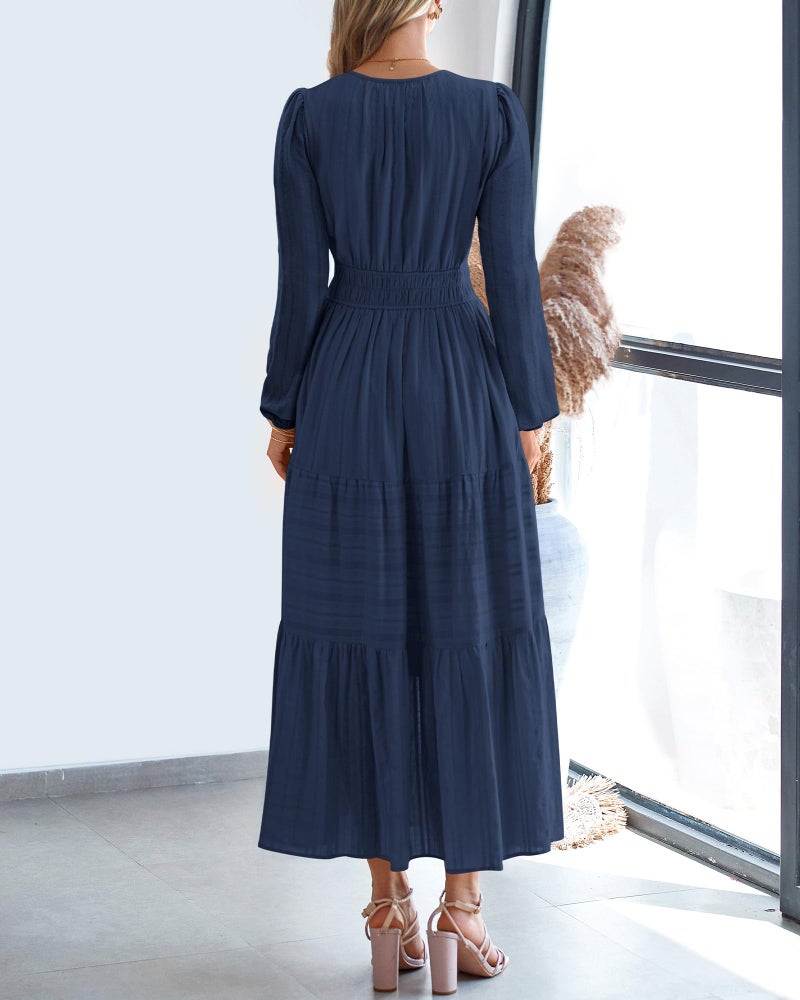 BTFBM Spring Dresses for Women 2026 Casual Long Sleeve V Neck Elastic Waist Lightweight Maxi Wedding Guest Dress Pockets(Navy, X-Large) - Image 3